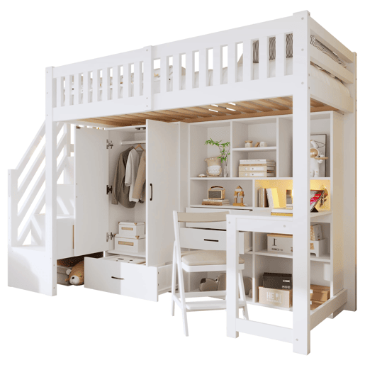 Cama alta 90x200 cm - Escada com arrumação, armário, secretária, gavetas, prateleiras - Branco Cama alta 90x200 cm - Escada com arrumação, armário, secretária, gavetas, prateleiras - Branco