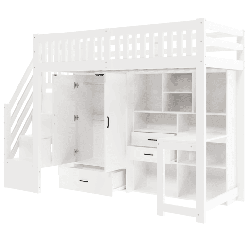 Cama alta 90x200 cm - Escada com arrumação, armário, secretária, gavetas, prateleiras - Branco Cama alta 90x200 cm - Escada com arrumação, armário, secretária, gavetas, prateleiras - Branco