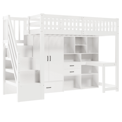 Cama alta 90x200 cm - Escada com arrumação, armário, secretária, gavetas, prateleiras - Branco Cama alta 90x200 cm - Escada com arrumação, armário, secretária, gavetas, prateleiras - Branco