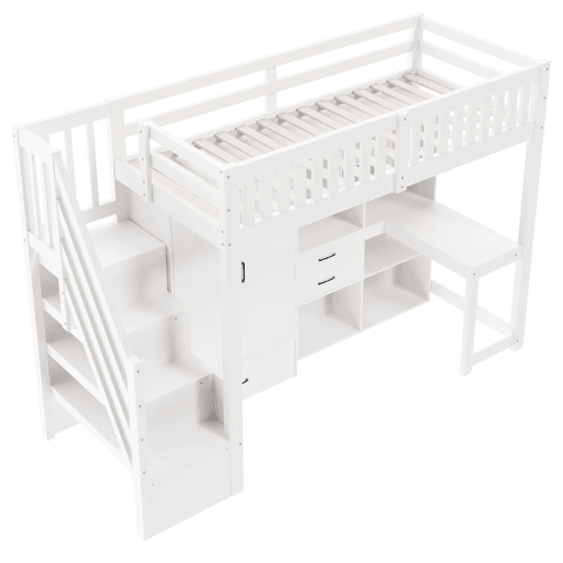 Cama alta 90x200 cm - Escada com arrumação, armário, secretária, gavetas, prateleiras - Branco Cama alta 90x200 cm - Escada com arrumação, armário, secretária, gavetas, prateleiras - Branco