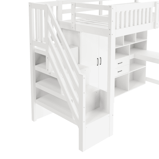 Cama alta 90x200 cm - Escada com arrumação, armário, secretária, gavetas, prateleiras - Branco Cama alta 90x200 cm - Escada com arrumação, armário, secretária, gavetas, prateleiras - Branco