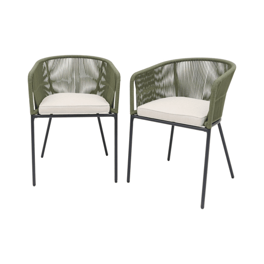 Cadeirão de jardim em corda e aço galvanizado, set de 2, Santos, Verde caqui, 56.5x59x79 cm