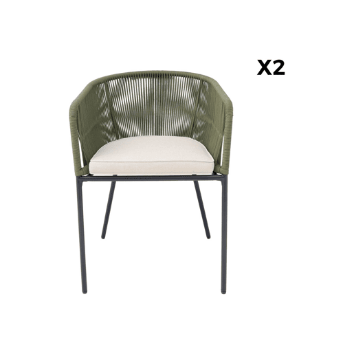Cadeirão de jardim em corda e aço galvanizado, set de 2, Santos, Verde caqui, 56.5x59x79 cm