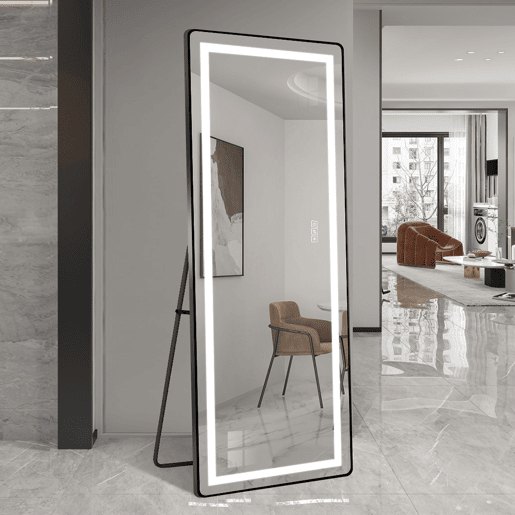 Espelho de pé LED 163x54 cm - Moldura fina em alumínio, ajustável, montagem na parede - PretoPrateado