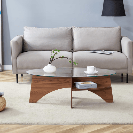 Mesa de café ovalada - 104,9 x 60 cm - Estrutura em madeira de nogueira com prateleiras dispostas diagonalmente e nível de armazenamento integrado - Cor transparente, nogueira
