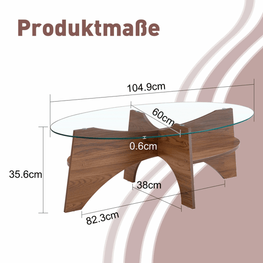 Mesa de café ovalada - 104,9 x 60 cm - Estrutura em madeira de nogueira com prateleiras dispostas diagonalmente e nível de armazenamento integrado - Cor transparente, nogueira