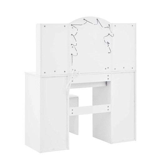 Tocador grande 110x40x132 cm - LED ajustável, espelho, banco, 1 gaveta, 2 portas - Branco