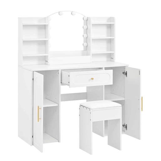 Tocador grande 110x40x132 cm - LED ajustável, espelho, banco, 1 gaveta, 2 portas - Branco