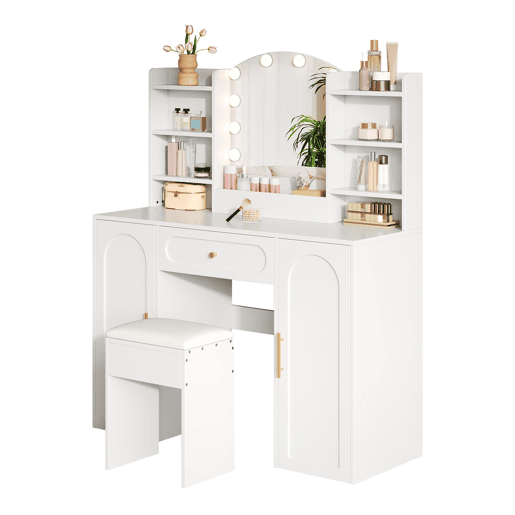 Tocador grande 110x40x132 cm - LED ajustável, espelho, banco, 1 gaveta, 2 portas - Branco