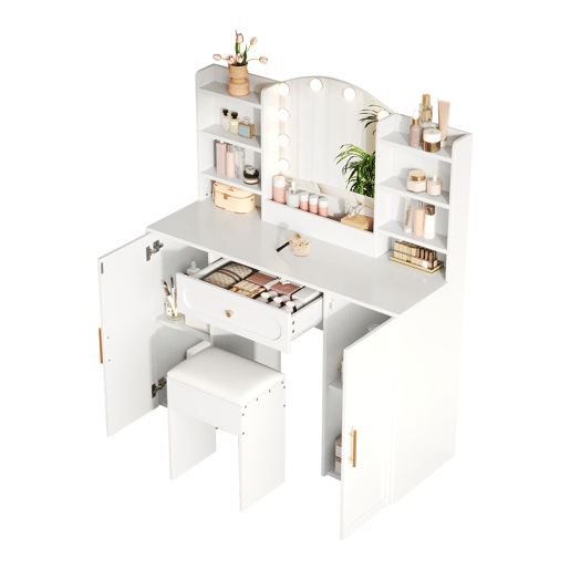 Tocador grande 110x40x132 cm - LED ajustável, espelho, banco, 1 gaveta, 2 portas - Branco