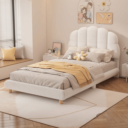 Cama individual, 90x200 cm - Plush, cabeceira adorável - Branco