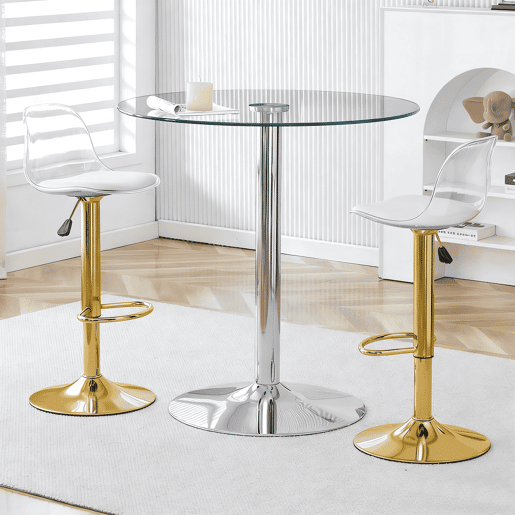 Conjunto Bar - Mesa de vidro de 89 cm + 2 bancos com pernas douradas - ajustável e giratório - Transparente