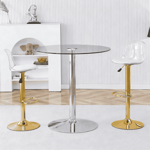 Conjunto Bar - Mesa de vidro de 89 cm + 2 bancos com pernas douradas - ajustável e giratório - Transparente