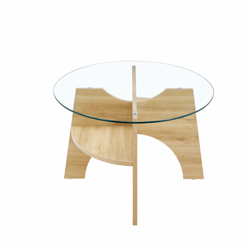 Mesa de café ovalada em vidro temperado u2013 104,9 x 60 cm - Design multifuncional, estrutura com elementos angulares e função de armazenamento integrada - Cor transparente, madeira