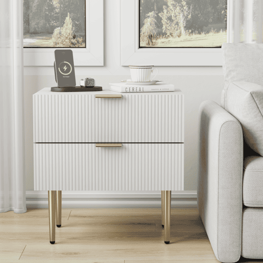 Mesa de cabeceira - design ondulado, 2 gavetas, pernas metálicas - branco