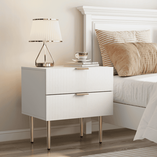 Mesa de cabeceira - design ondulado, 2 gavetas, pernas metálicas - branco