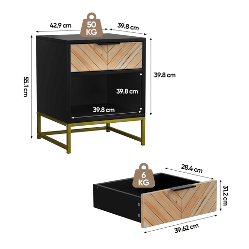 Mesa de cabeceira 43x40x55 cm - 1 gaveta e prateleira aberta - Preto e Natural