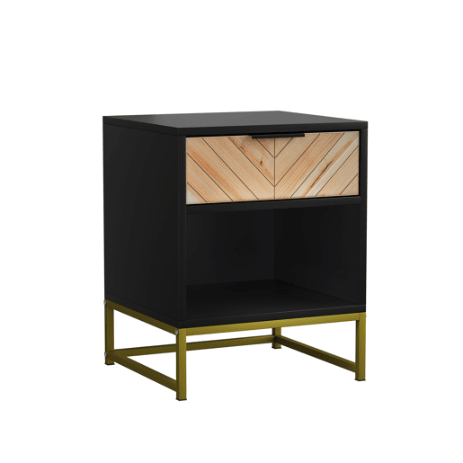 Mesa de cabeceira 43x40x55 cm - 1 gaveta e prateleira aberta - Preto e Natural