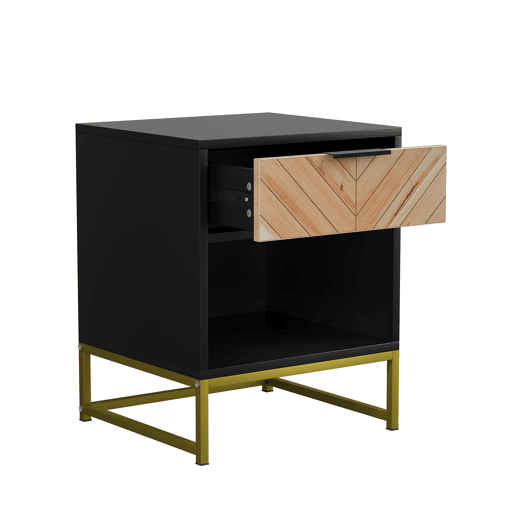 Mesa de cabeceira 43x40x55 cm - 1 gaveta e prateleira aberta - Preto e Natural