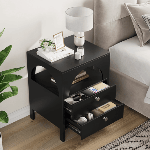 Mesa de cabeceira 45x40x58 cm - 2 gavetas e 1 prateleira aberta - Preto