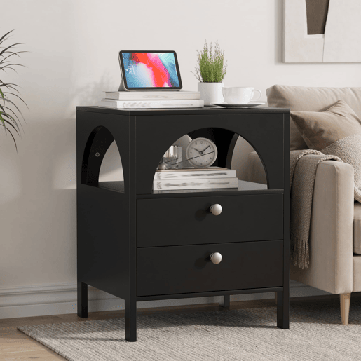 Mesa de cabeceira 45x40x58 cm - 2 gavetas e 1 prateleira aberta - Preto