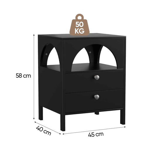 Mesa de cabeceira 45x40x58 cm - 2 gavetas e 1 prateleira aberta - Preto
