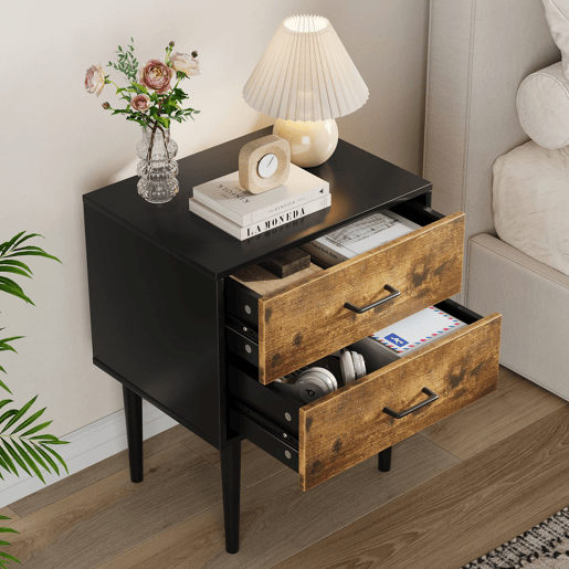 Mesa de cabeceira 51x38x66 cm - 2 gavetas, estilo industrial - Castanho vintage