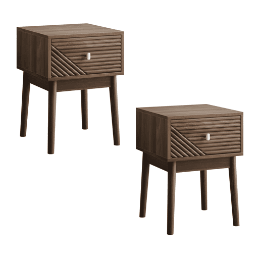 Mesa de cabeceira 40x40x55 cm - 2 unidades, design Mid-Century, puxadores metálicos - Nogueira