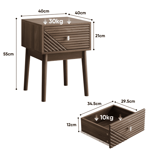 Mesa de cabeceira 40x40x55 cm - 2 unidades, design Mid-Century, puxadores metálicos - Nogueira