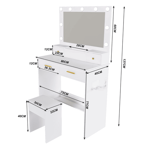 Penteadeira 80x137x40 cm - LED 3 níveis, tomada, suporte para secador, 4 gavetas, banco acolchoado - Branco