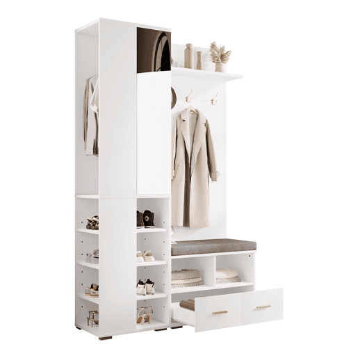 Conjunto de hall de entrada 120x35x190 cm - armário, cabide, sapateira, espelho, 3 ganchos, 2 gavetas - Branco