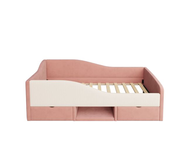 Cama multifuncional 90x190 cm - con 2 cajones y barreras - tela de terciopelo - rosa + crema