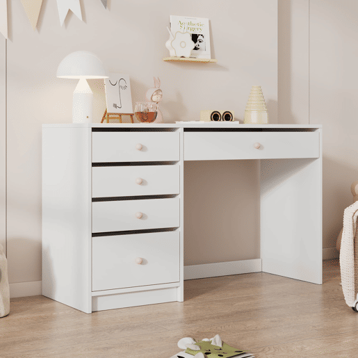 Secretária infantil 120x45x74 cm - 5 gavetas com puxadores em cerâmica rosa - branco Secretária infantil 120x45x74 cm - 5 gavetas com puxadores em cerâmica rosa - branco
