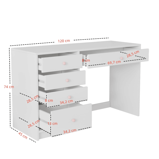 Secretária infantil 120x45x74 cm - 5 gavetas com puxadores em cerâmica rosa - branco Secretária infantil 120x45x74 cm - 5 gavetas com puxadores em cerâmica rosa - branco