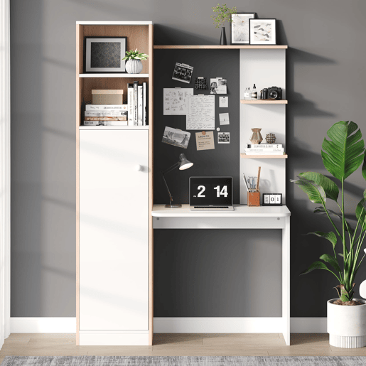 Secretária com arrumação 123,5x45x168,5 cm - Armário inferior com portas e prateleira superior - Branco+Natural