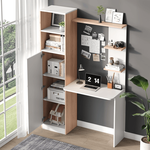 Secretária com arrumação 123,5x45x168,5 cm - Armário inferior com portas e prateleira superior - Branco+Natural