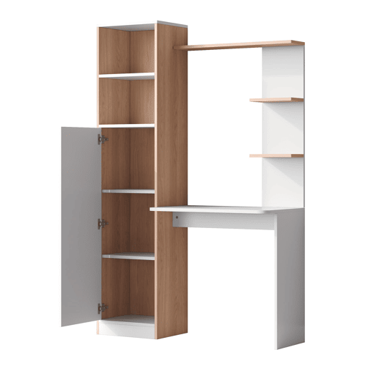 Secretária com arrumação 123,5x45x168,5 cm - Armário inferior com portas e prateleira superior - Branco+Natural