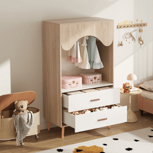 Armário infantil 80×46×141,5 cm - com barra e gavetas, portas abertas, madeira natural+branco Armário infantil 80×46×141,5 cm - com barra e gavetas, portas abertas, madeira natural+branco