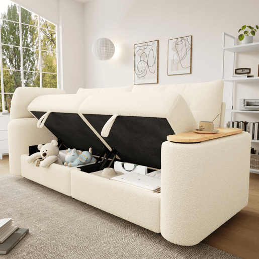 Sofá de 2 lugares - modular, com arrumação, apoio para a cabeça e mesa auxiliar integrada - Bege Sofá de 2 lugares - modular, com arrumação, apoio para a cabeça e mesa auxiliar integrada - Bege