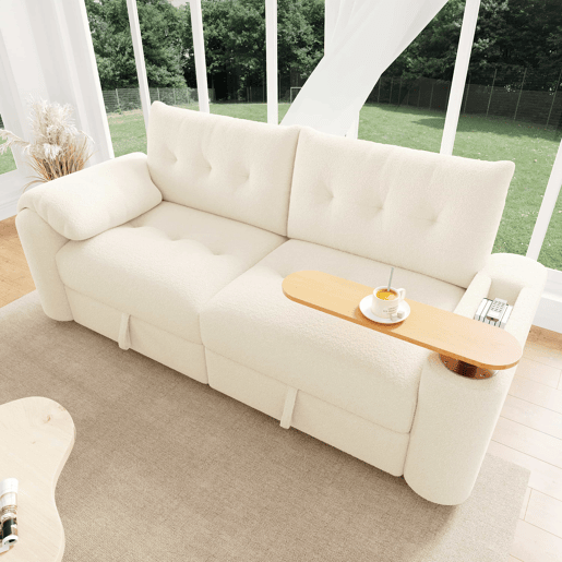 Sofá de 2 lugares - modular, com arrumação, apoio para a cabeça e mesa auxiliar integrada - Bege Sofá de 2 lugares - modular, com arrumação, apoio para a cabeça e mesa auxiliar integrada - Bege