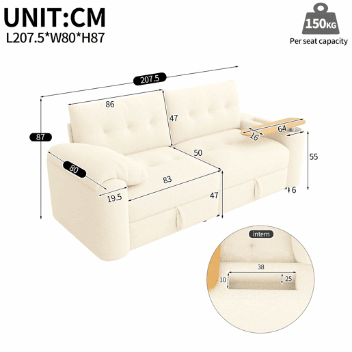 Sofá de 2 lugares - modular, com arrumação, apoio para a cabeça e mesa auxiliar integrada - Bege Sofá de 2 lugares - modular, com arrumação, apoio para a cabeça e mesa auxiliar integrada - Bege