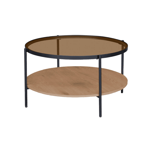 Mesa de centro redonda com dois tampos de vidro, decoração em madeira e metal Natural - 84x84x45.5 cm