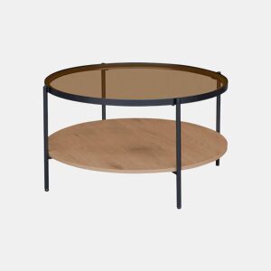 Mesa de centro redonda com dois tampos de vidro, decoração em madeira e metal Natural - 84x84x45.5 cm
