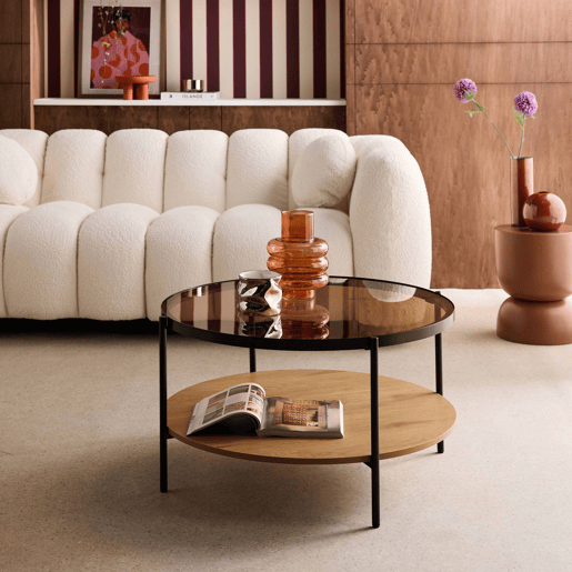 Mesa de centro redonda com dois tampos de vidro, decoração em madeira e metal Natural - 84x84x45.5 cm