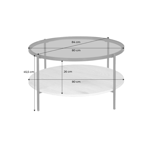 Mesa de centro redonda com dois tampos de vidro, decoração em madeira e metal Natural - 84x84x45.5 cm