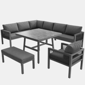 Conjunto de sofás de jardim L 8 lugares - Estrutura em ferro, almofadas cinzentas, mesa em mármore e 2 poltronas - Cinza