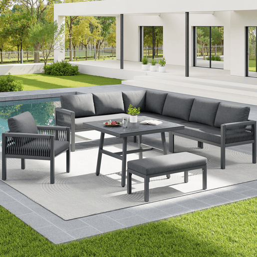 Conjunto de sofás de jardim L 8 lugares - Estrutura em ferro, almofadas cinzentas, mesa em mármore e 2 poltronas - Cinza
