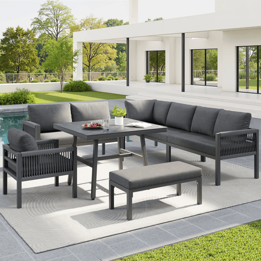 Conjunto de sofás de jardim L 8 lugares - Estrutura em ferro, almofadas cinzentas, mesa em mármore e 2 poltronas - Cinza