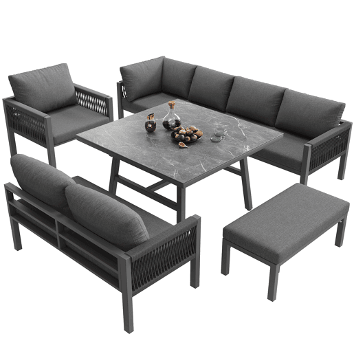 Conjunto de sofás de jardim L 8 lugares - Estrutura em ferro, almofadas cinzentas, mesa em mármore e 2 poltronas - Cinza