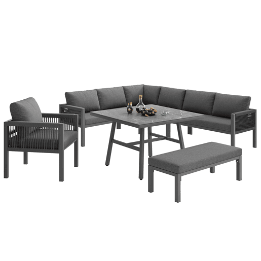 Conjunto de sofás de jardim L 8 lugares - Estrutura em ferro, almofadas cinzentas, mesa em mármore e 2 poltronas - Cinza